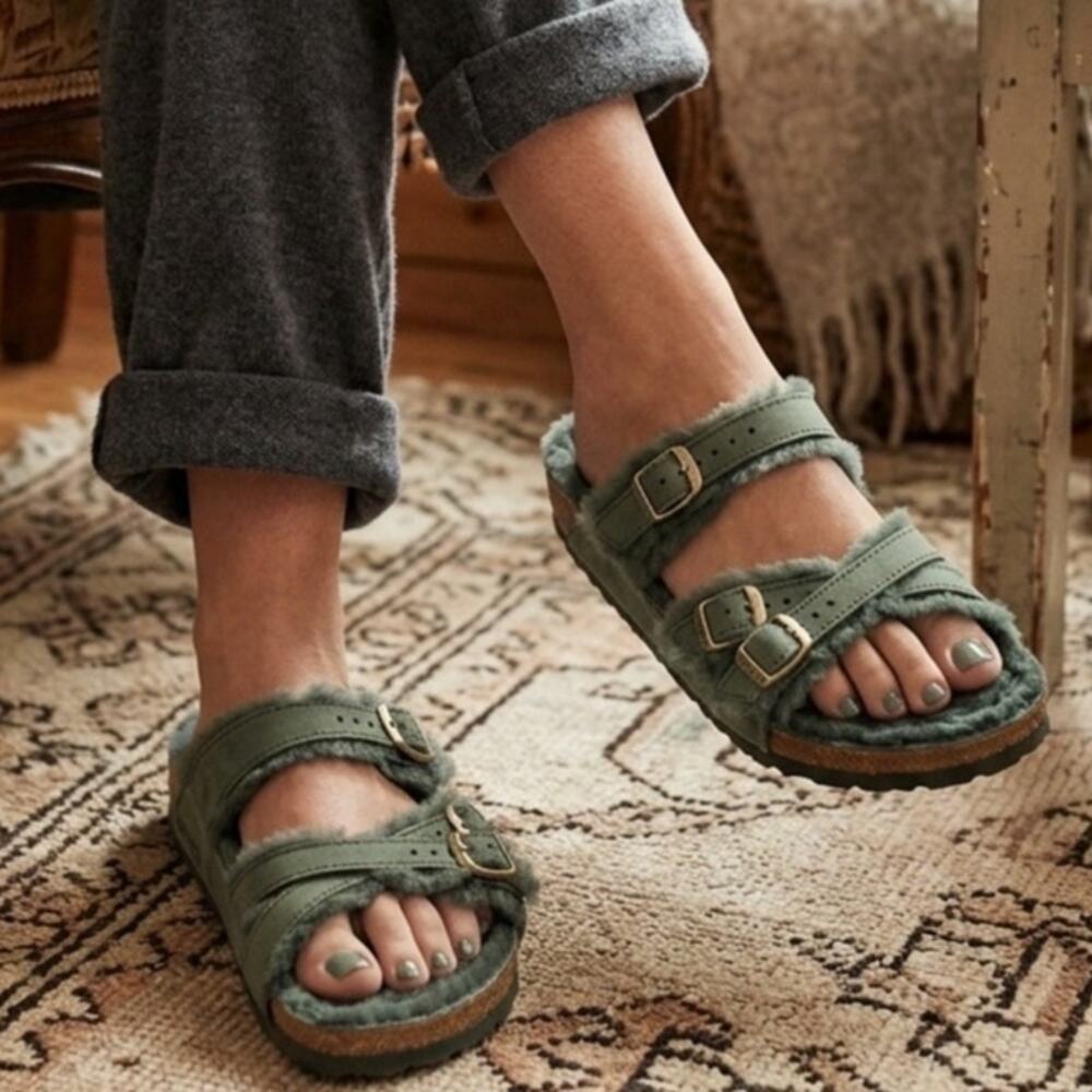 Birkenstock Franca Shearling Thyme Green Nubuck Leather Sandals Strappy Slide 7